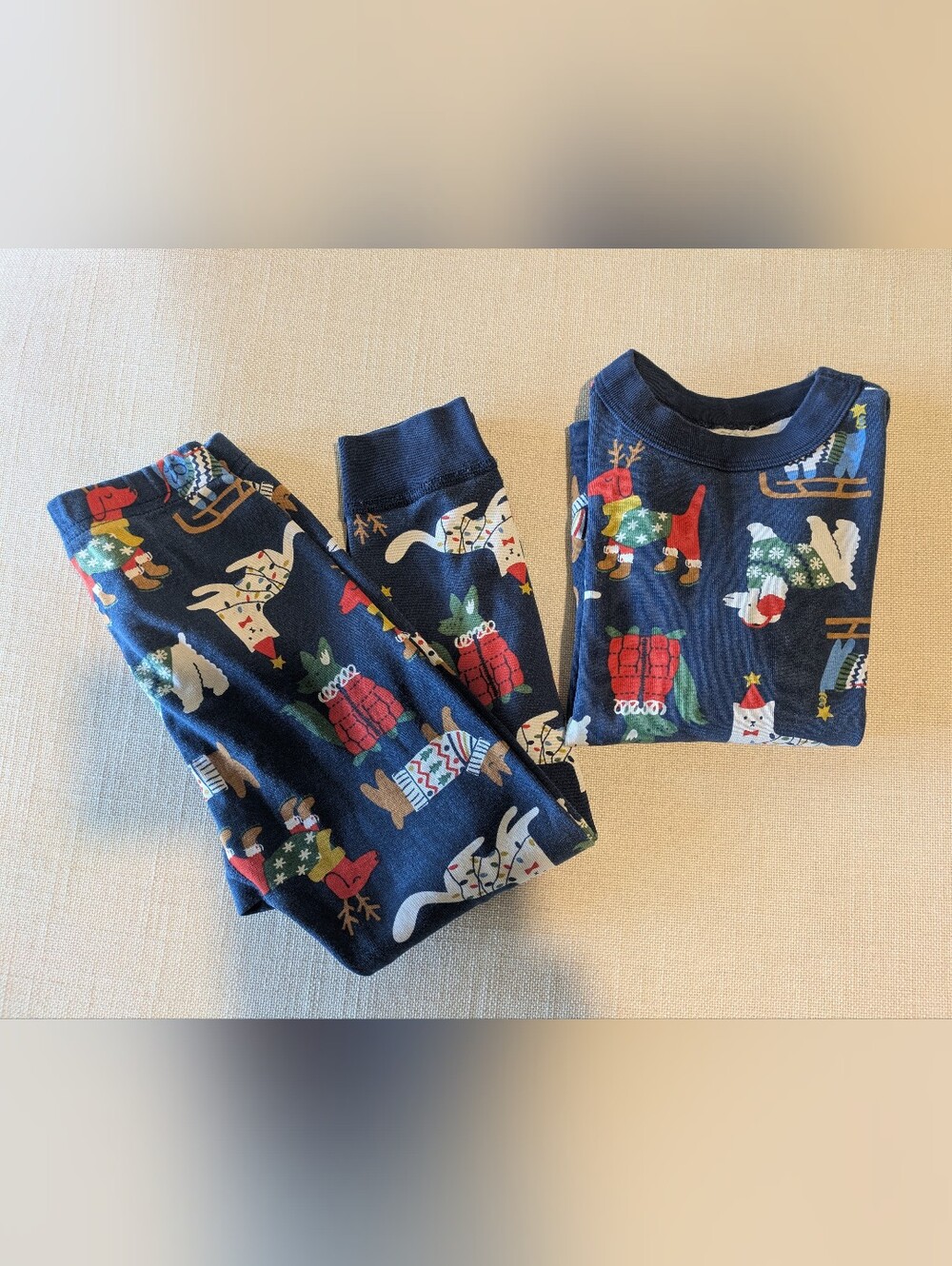 Hanna Andersson Navy Holiday Animal Print Pajama Set with Red & Green Accents